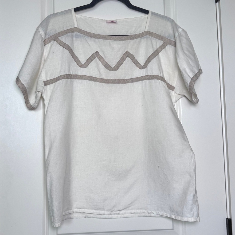 Mondi Vintage‎ West Germany White Cotton Chevron Trim Square Neck Top Size 38